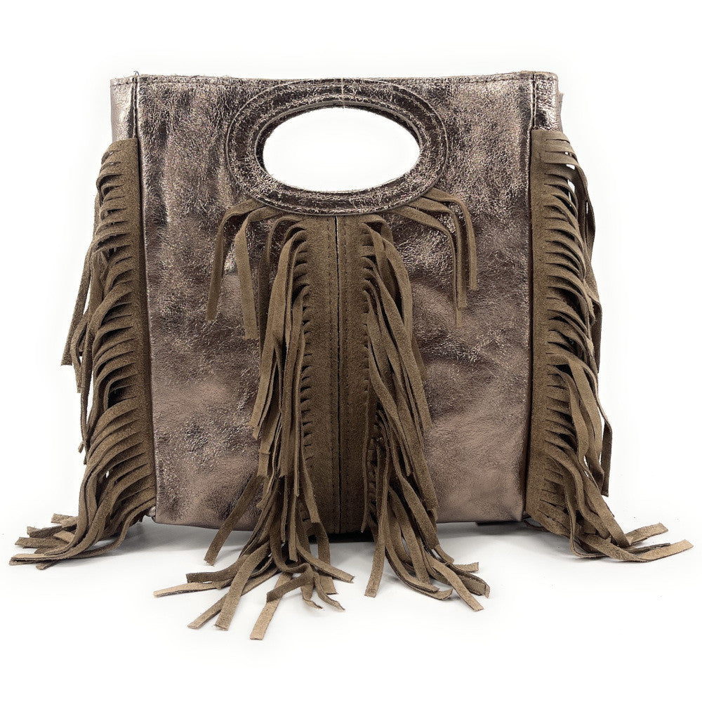 Sac à main bandoulière à franges en cuir irisé et croûte de cuir ENOLA Champagne irisé