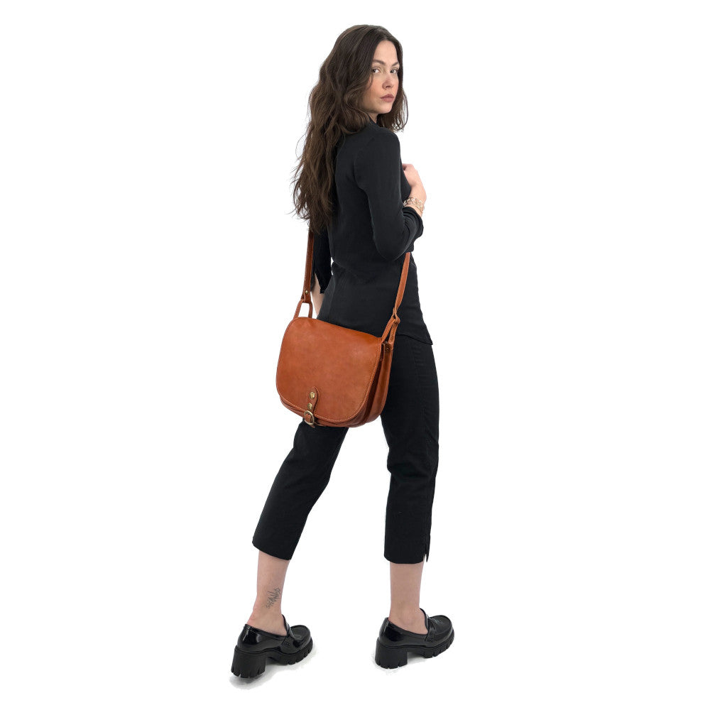 Sac bandoulière en cuir lisse VERLAINE Camel foncé