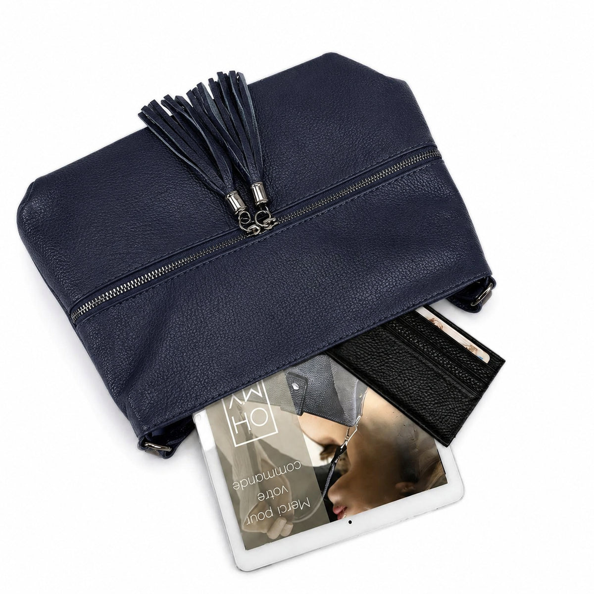 Umhängetasche aus genarbtem Leder LONDON Marineblau