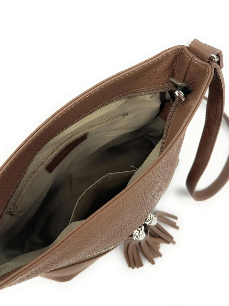 Sac bandoulière en cuir grainé LONDON Taupe foncé