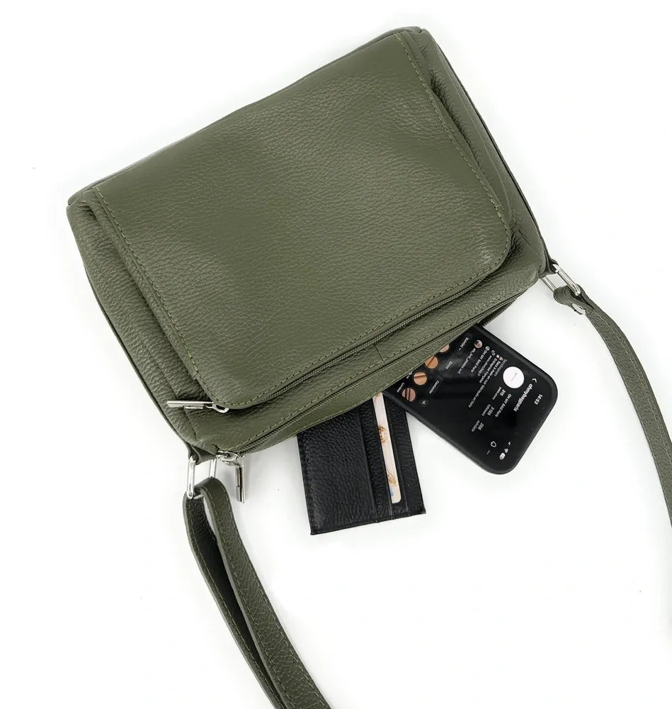 Sac trotteur à bandoulière en cuir grainé MANHATTAN Kaki