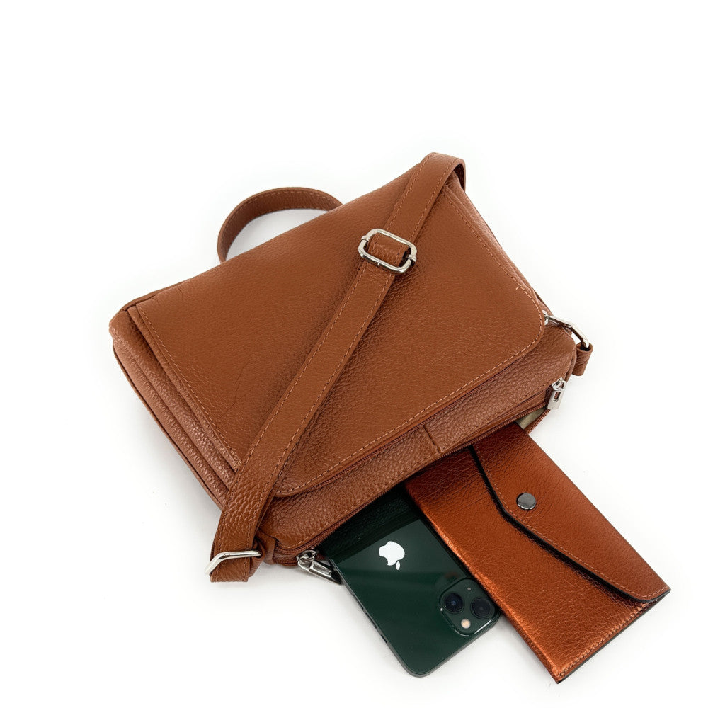 Sac trotteur à bandoulière en cuir grainé MANHATTAN Camel foncé