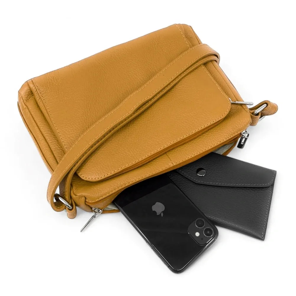 Sac trotteur à bandoulière en cuir grainé MANHATTAN Jaune Moutarde