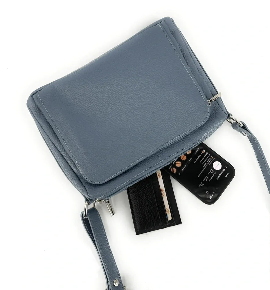 Sac trotteur à bandoulière en cuir grainé MANHATTAN Bleu glacier