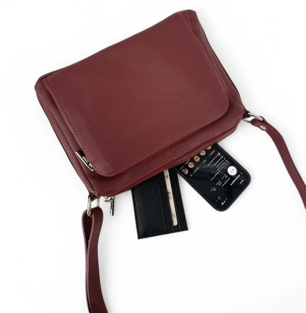 Sac trotteur à bandoulière en cuir grainé MANHATTAN Rouge bordeaux