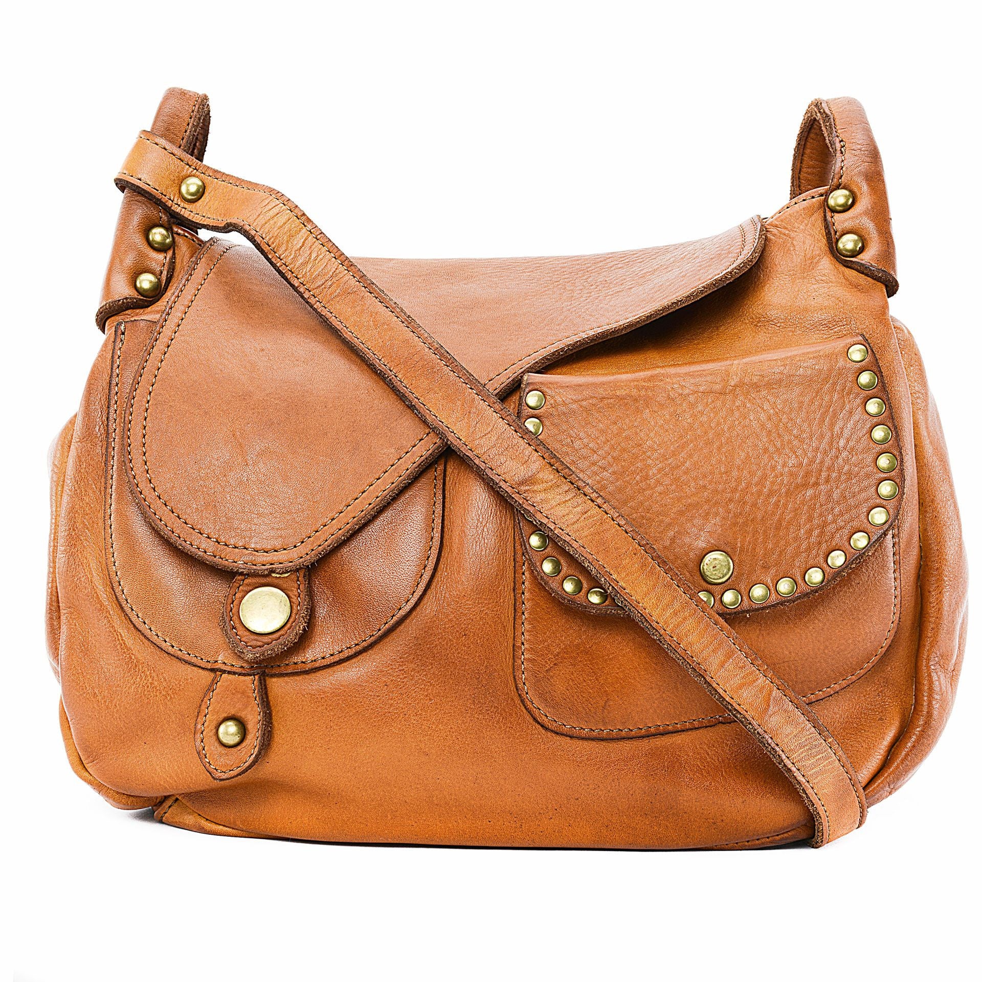 Sac besace à bandoulière en cuir vintage MISS CLYDE Cognac