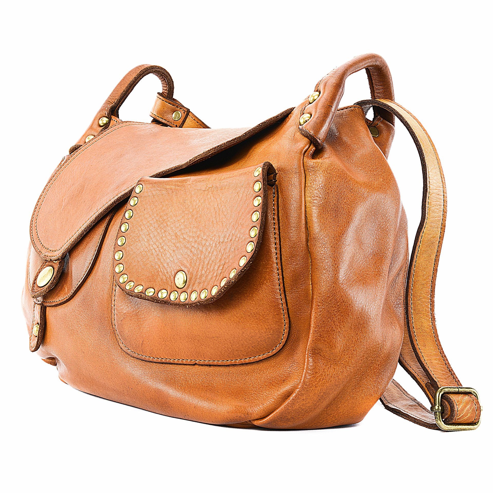 Sac besace à bandoulière en cuir vintage MISS CLYDE Cognac