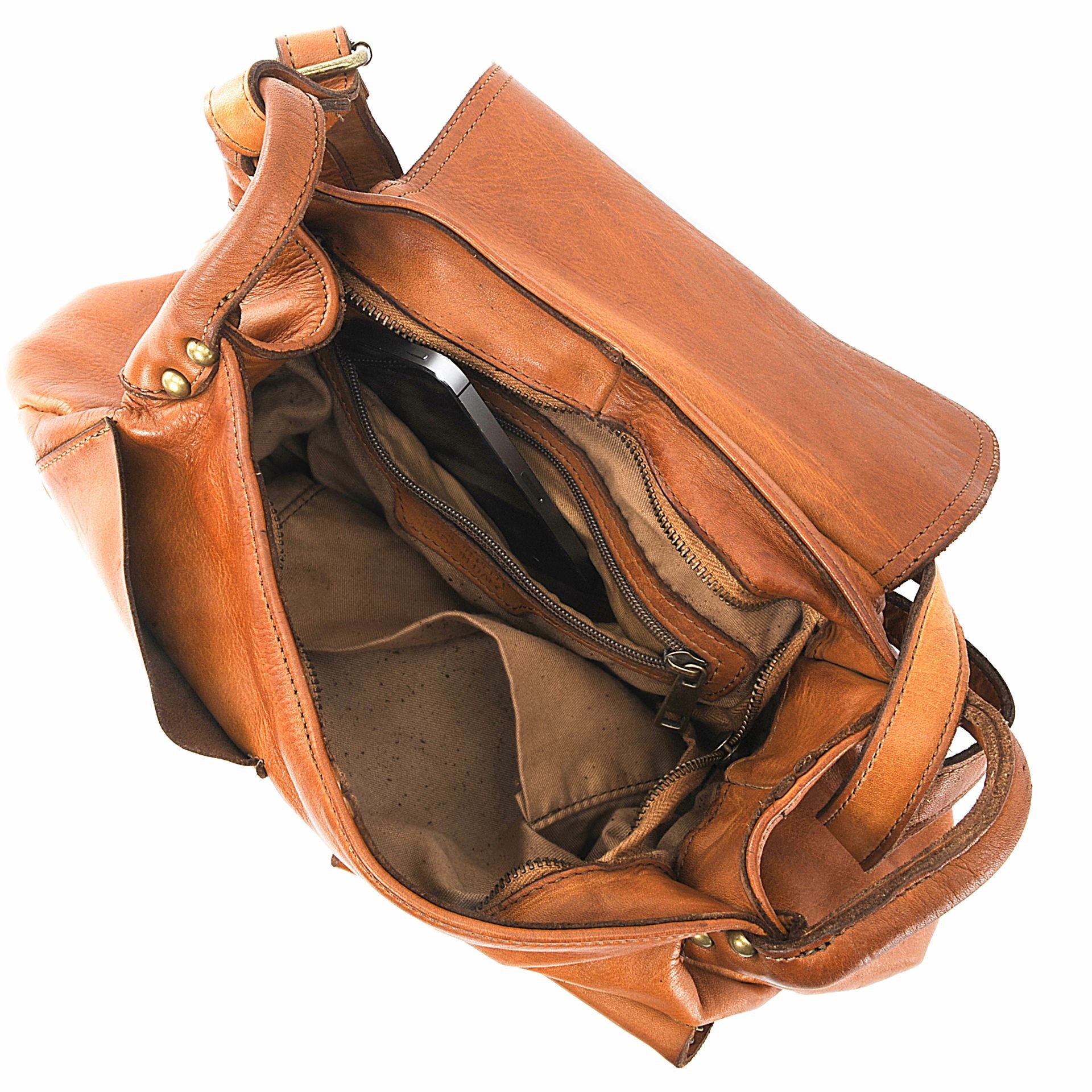 Sac besace à bandoulière en cuir vintage MISS CLYDE Cognac