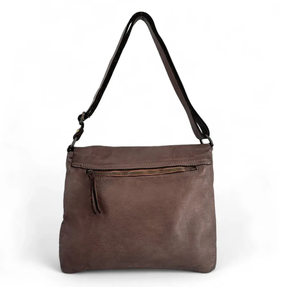 Sac besace à bandoulière en cuir vintage MISS COQUETTE Taupe foncé