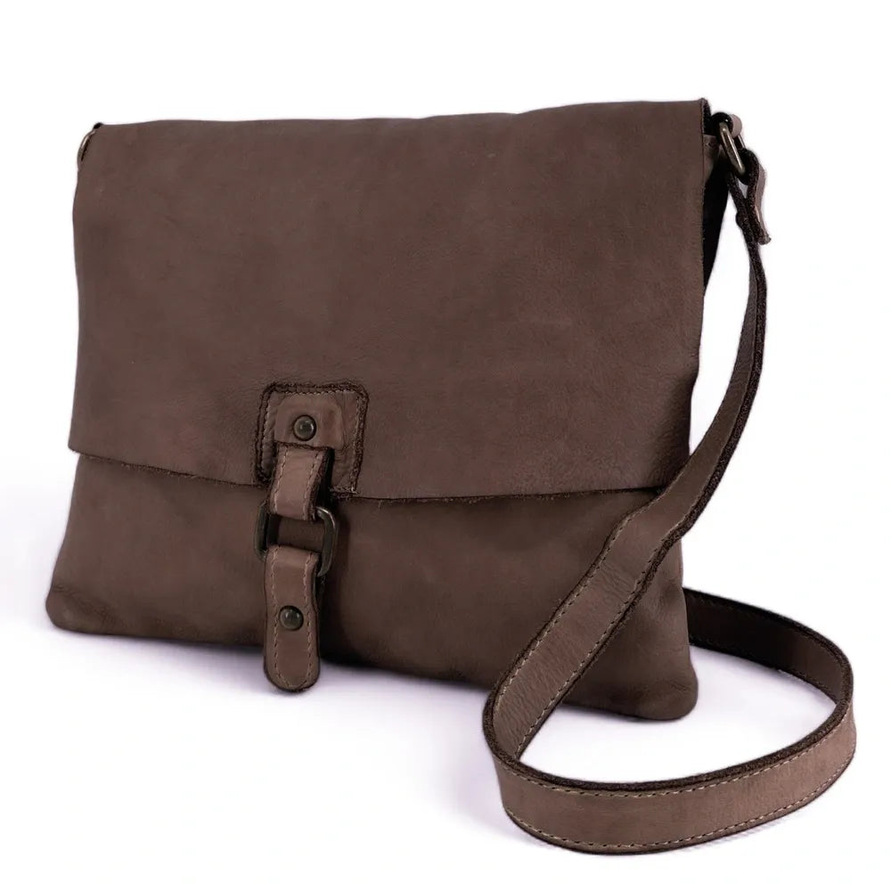 Sac besace à bandoulière en cuir vintage MISS COQUETTE Taupe foncé