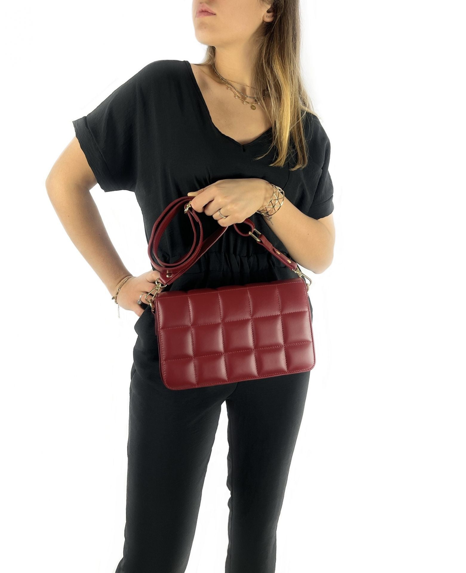 Sac french stick en cuir lisse matelassé TIME SQUARE Rouge cerise