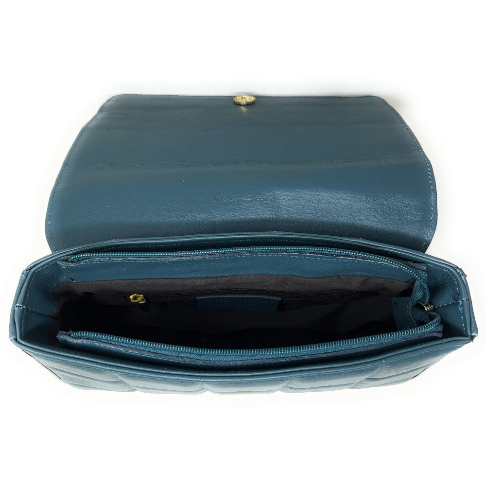 Sac french stick en cuir lisse matelassé TIME SQUARE Bleu vert canard