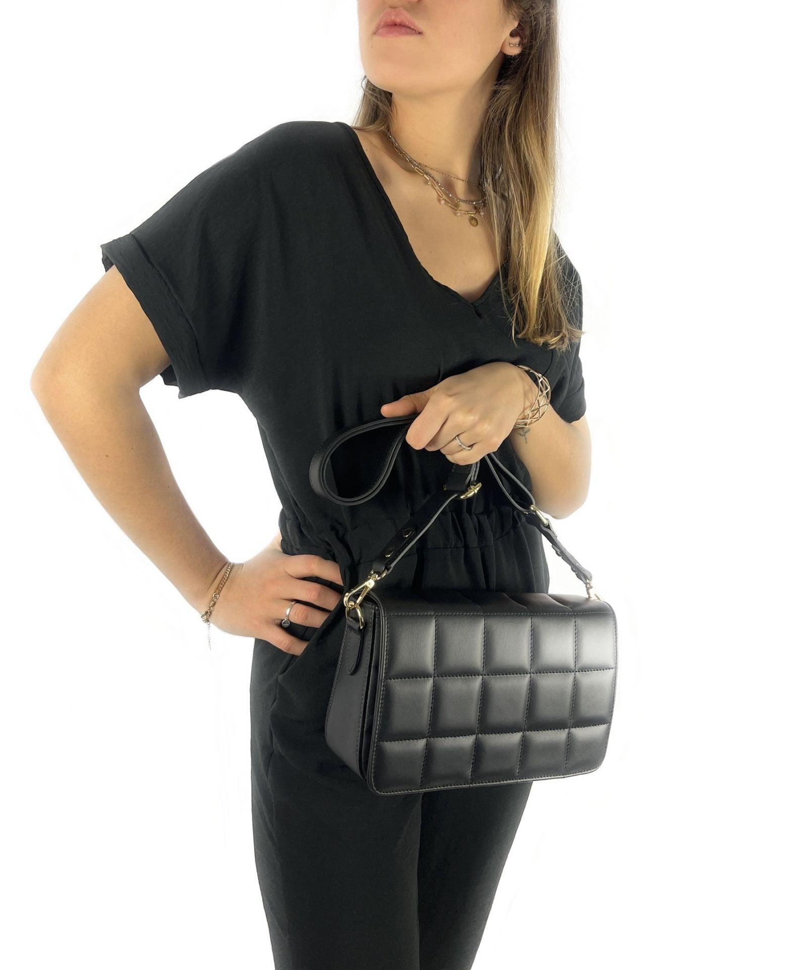 Sac french stick en cuir lisse matelassé TIME SQUARE Noir