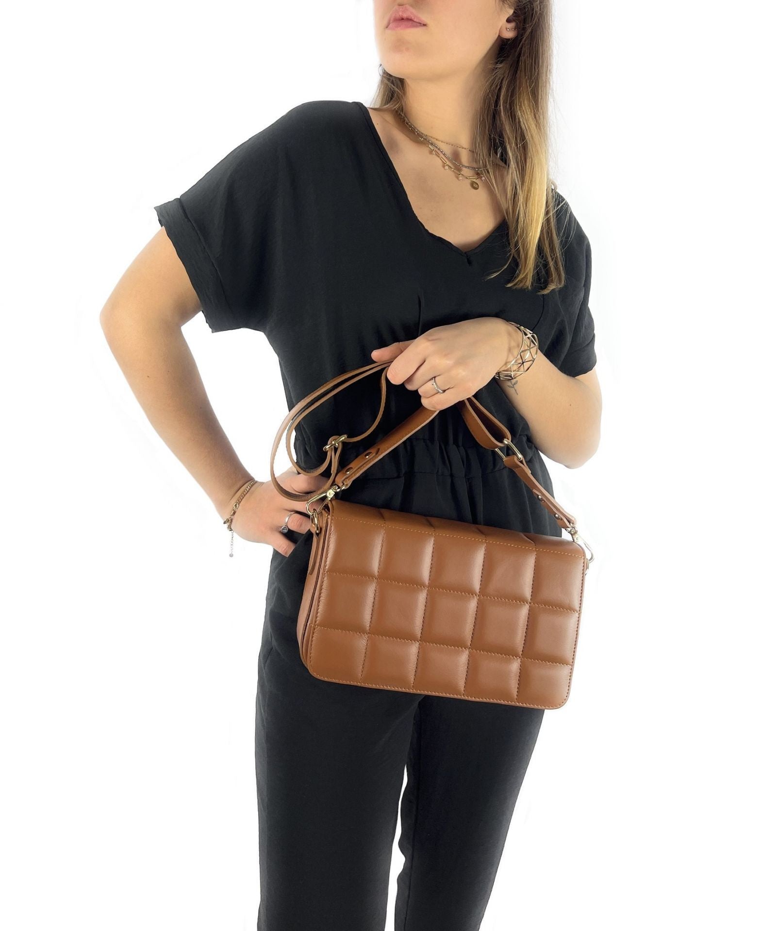 Sac french stick en cuir lisse matelassé TIME SQUARE Cognac