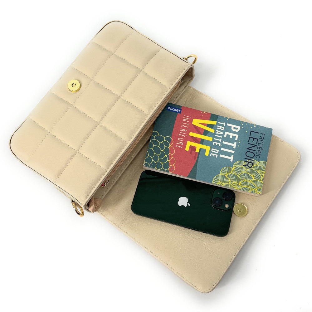 Sac french stick en cuir lisse matelassé TIME SQUARE Beige crème