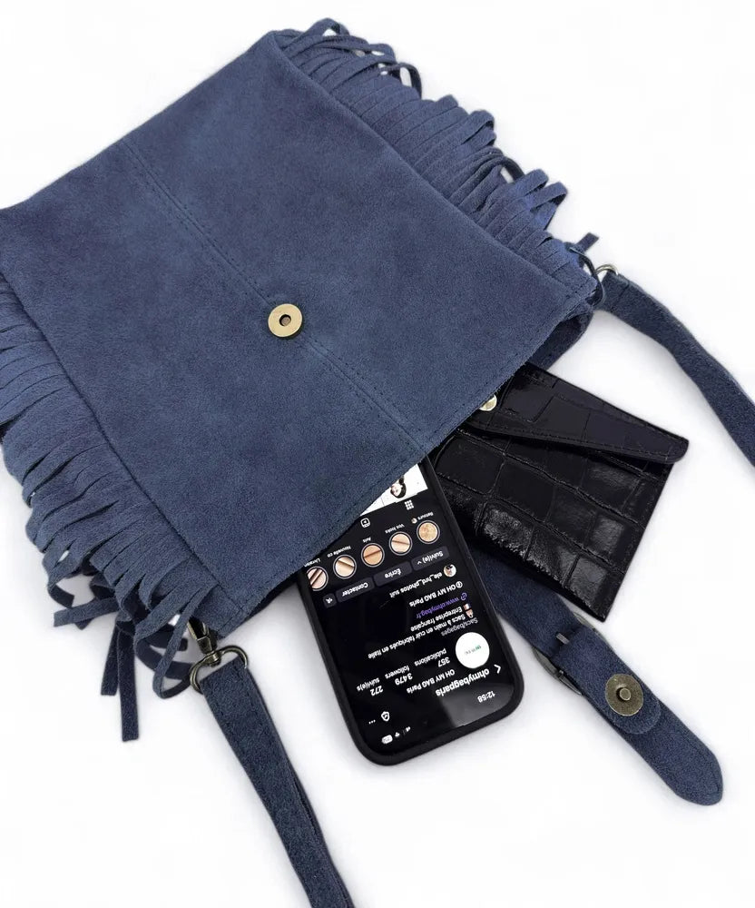 Sac bandoulière en croûte de cuir CHEYENNE Bleu profond