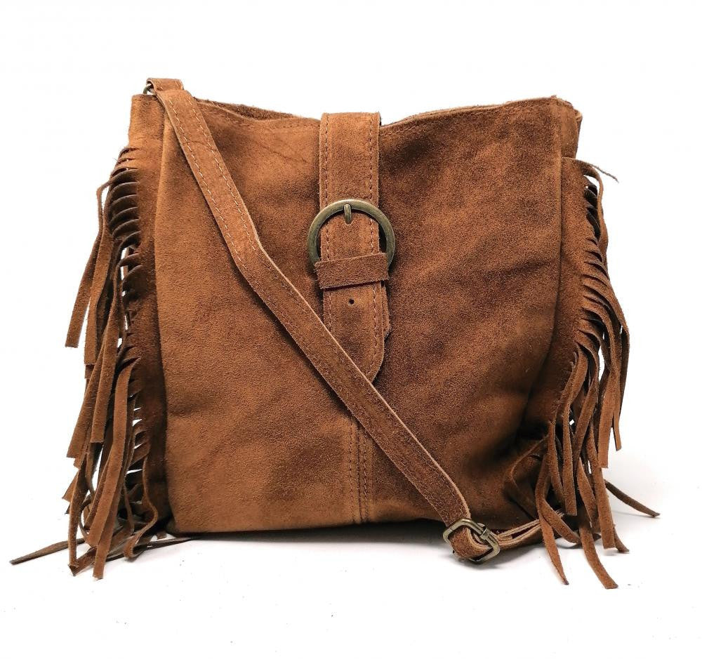 Sac bandoulière en croûte de cuir CHEYENNE Châtaigne