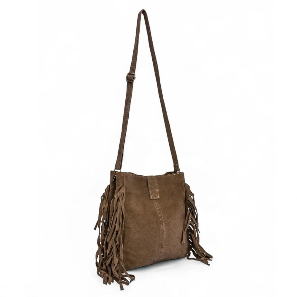 Sac bandoulière en croûte de cuir CHEYENNE Taupe foncé
