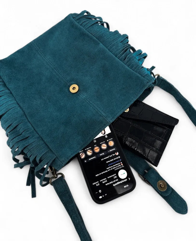 Sac bandoulière en croûte de cuir CHEYENNE Bleu vert canard