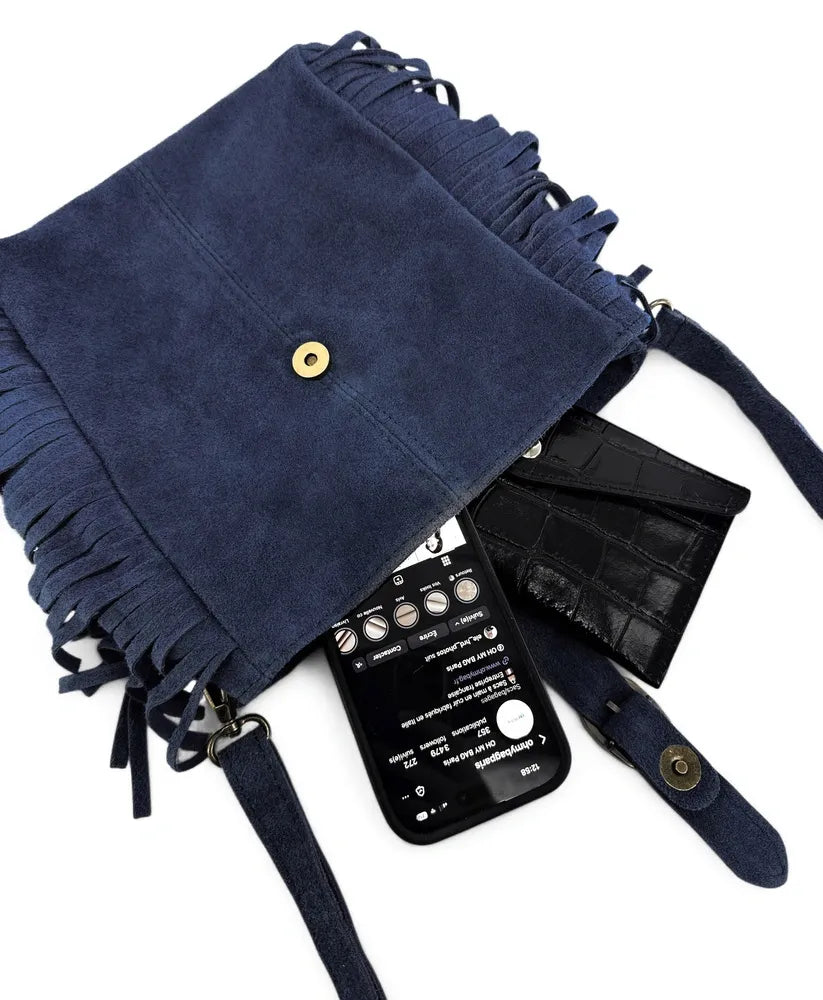Sac bandoulière en croûte de cuir CHEYENNE Bleu marine