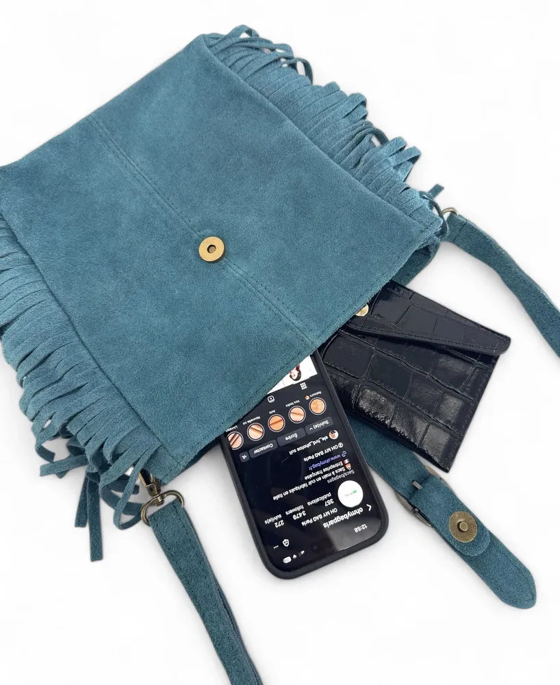 Sac bandoulière en croûte de cuir CHEYENNE Bleu denim