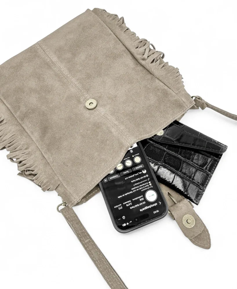 Sac bandoulière en croûte de cuir CHEYENNE Taupe clair