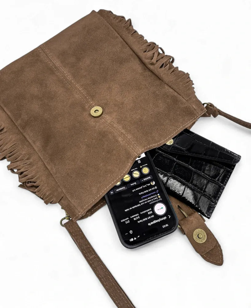 Sac bandoulière en croûte de cuir CHEYENNE Taupe foncé