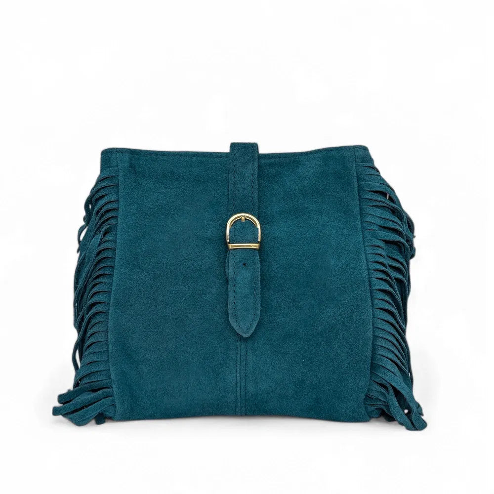 Sac bandoulière en croûte de cuir CHEYENNE Bleu vert canard