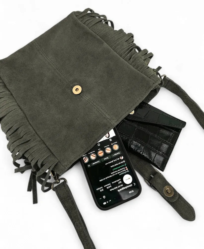 Sac bandoulière en croûte de cuir CHEYENNE Kaki