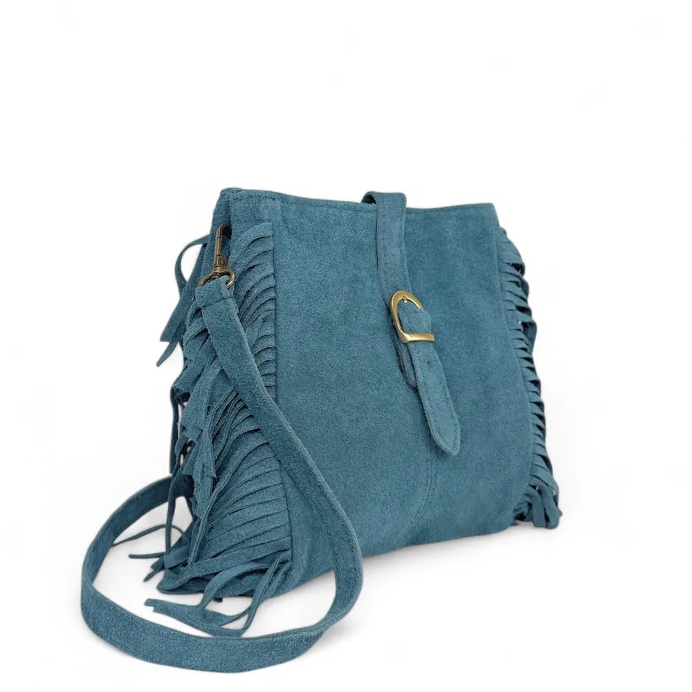 Sac bandoulière en croûte de cuir CHEYENNE Bleu denim