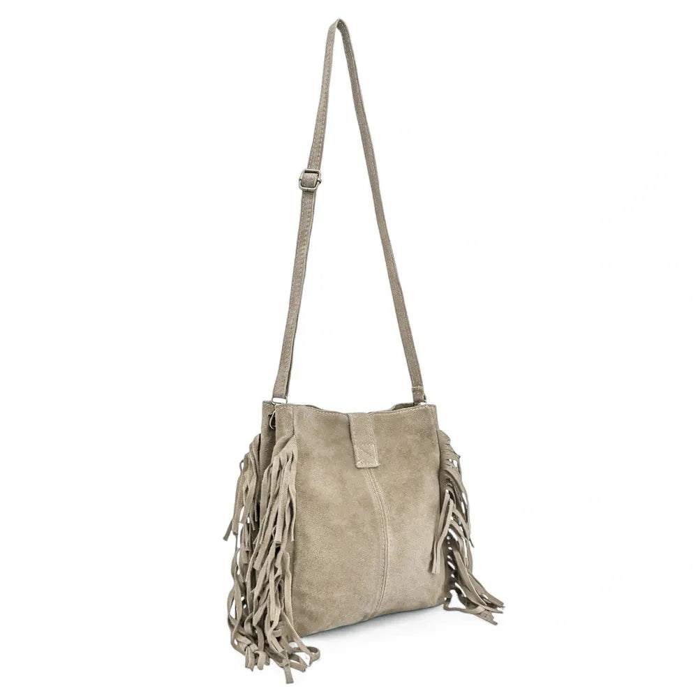 Sac bandoulière en croûte de cuir CHEYENNE Taupe clair