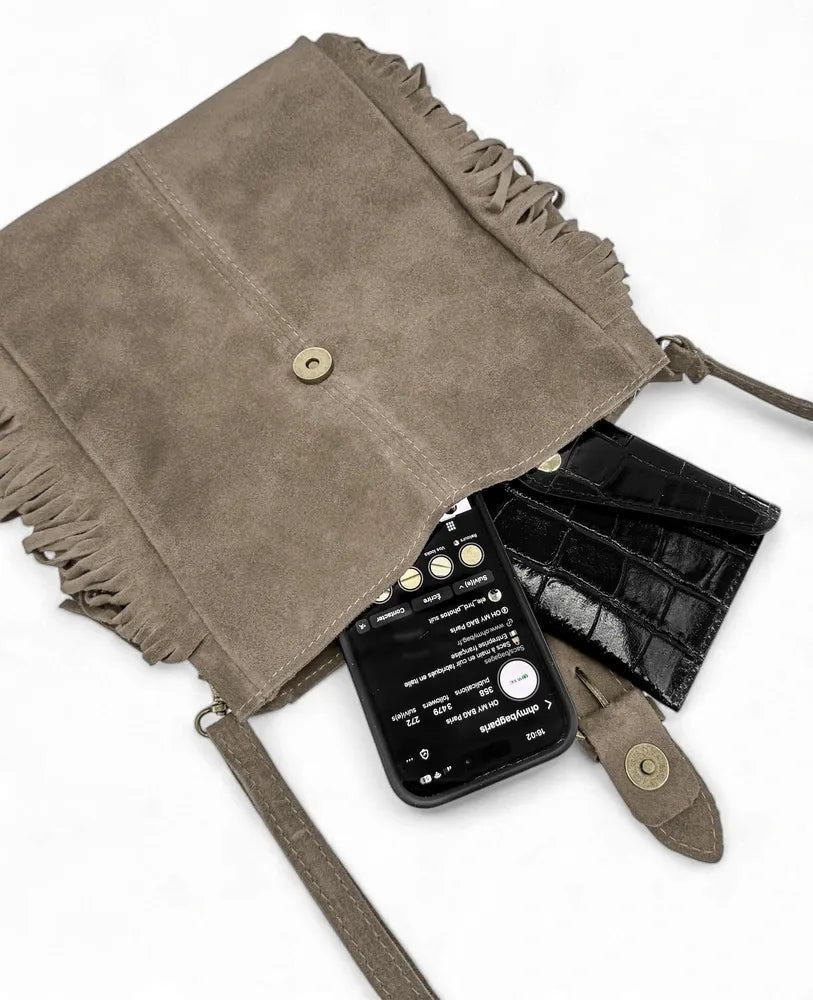 Sac bandoulière en croûte de cuir CHEYENNE Taupe