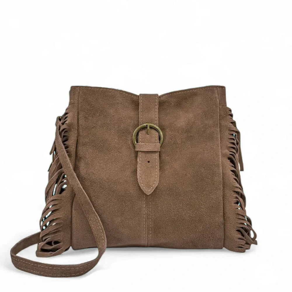 Sac bandoulière en croûte de cuir CHEYENNE Taupe foncé