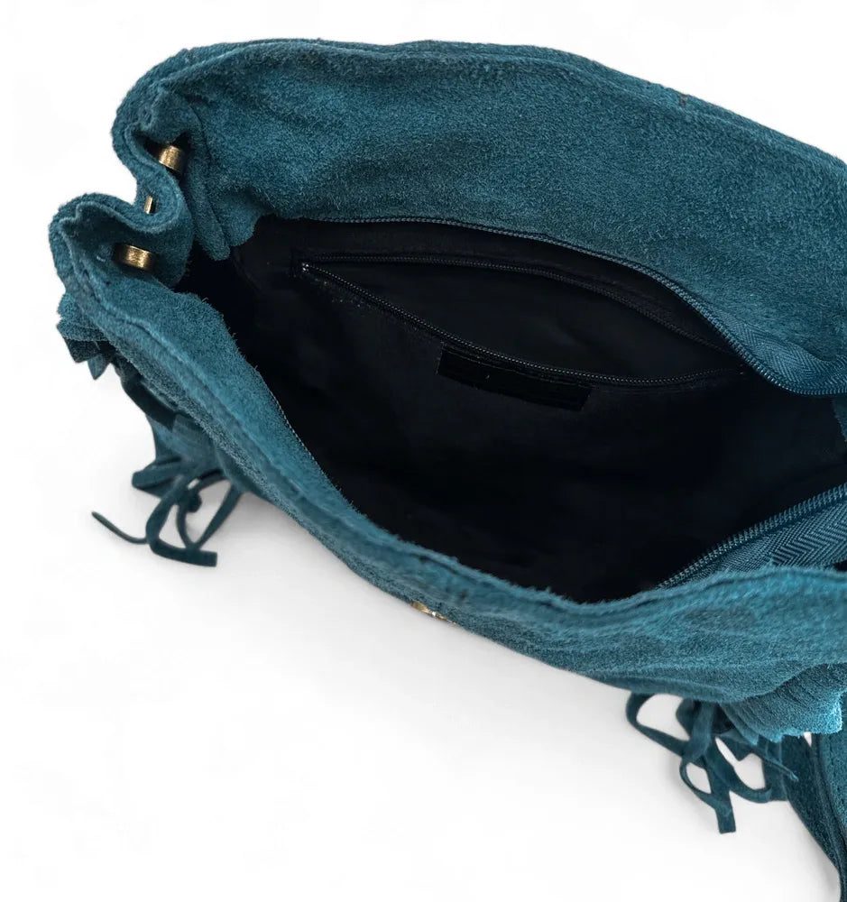 Sac bandoulière en croûte de cuir CHEYENNE Bleu vert canard