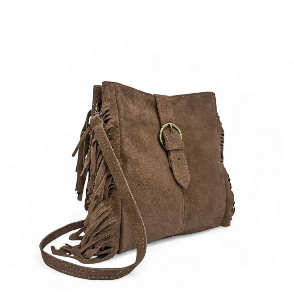 Sac bandoulière en croûte de cuir CHEYENNE Taupe foncé