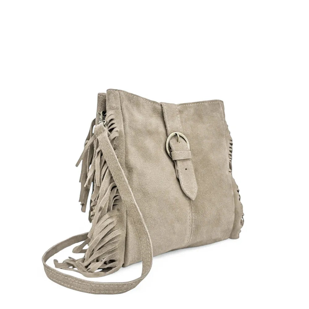 Sac bandoulière en croûte de cuir CHEYENNE Taupe clair