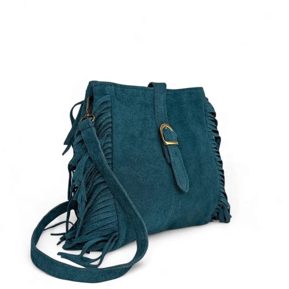 Sac bandoulière en croûte de cuir CHEYENNE Bleu vert canard