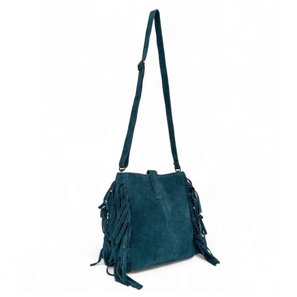 Sac bandoulière en croûte de cuir CHEYENNE Bleu vert canard