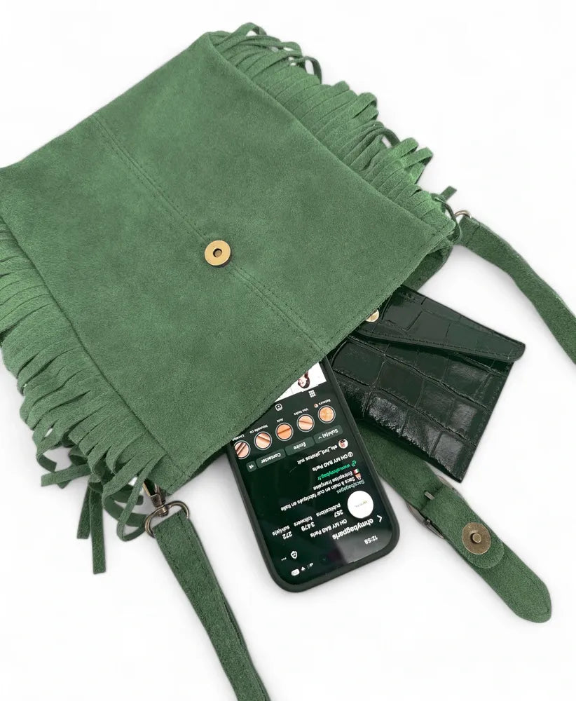 Sac bandoulière en croûte de cuir CHEYENNE Vert anglais