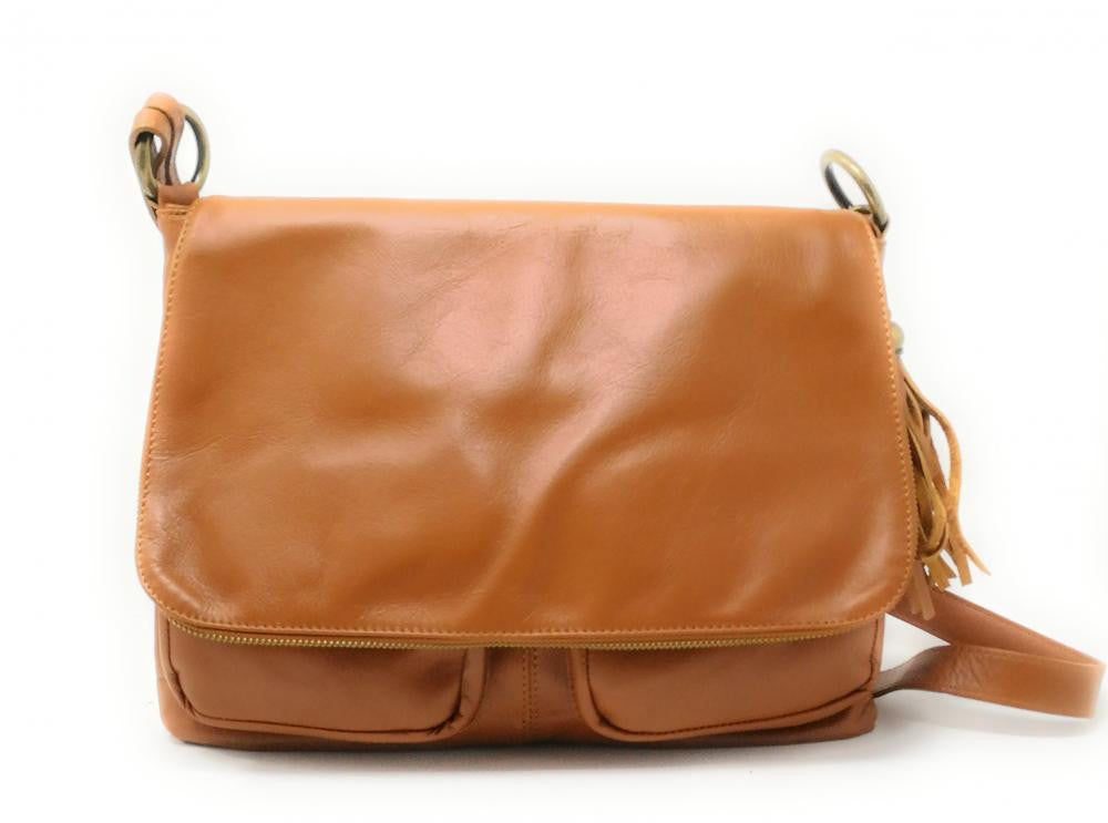Sac bandoulière en cuir lisse AVRIL Cognac