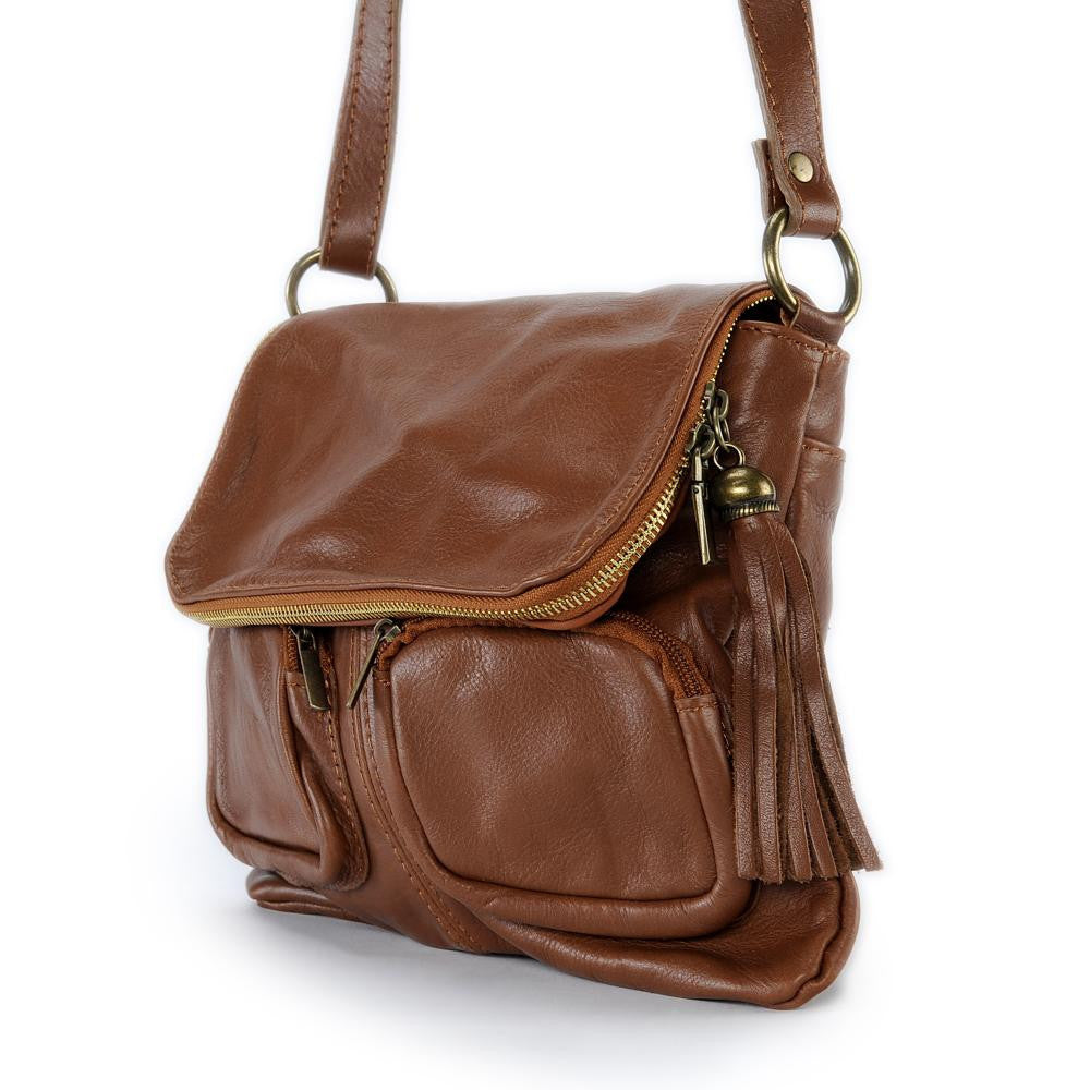 Sac bandoulière en cuir lisse LITTLE AVRIL Cognac foncé