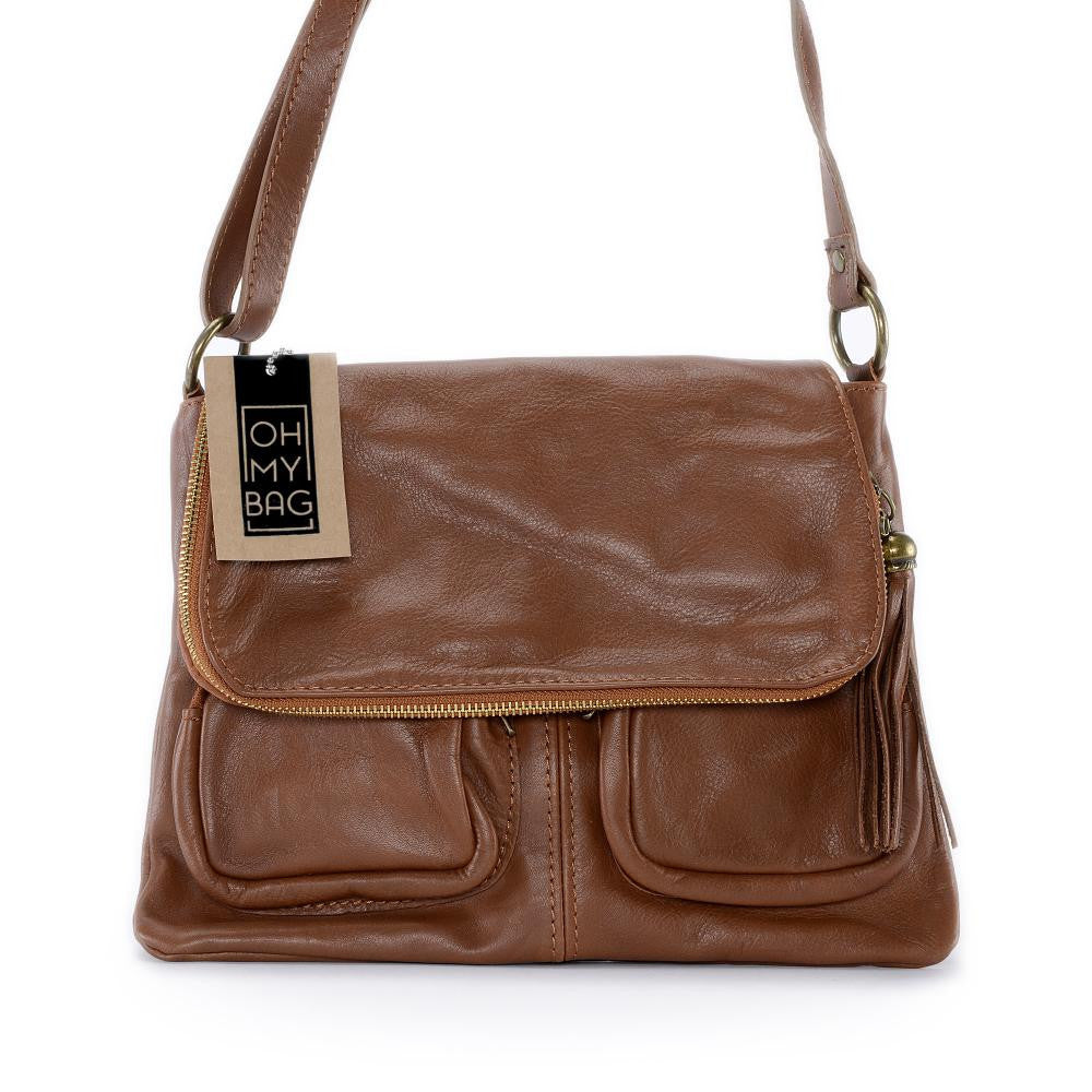 Sac bandoulière en cuir lisse LITTLE AVRIL Cognac foncé