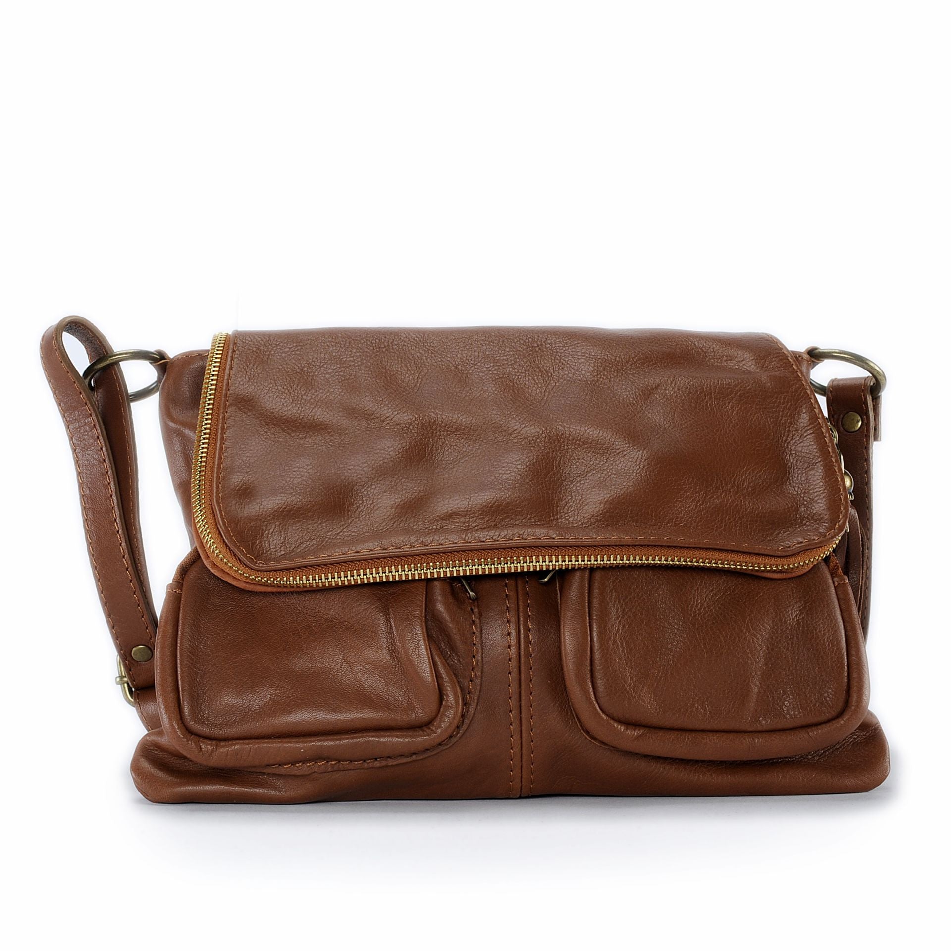 Sac bandoulière en cuir lisse LITTLE AVRIL Cognac foncé