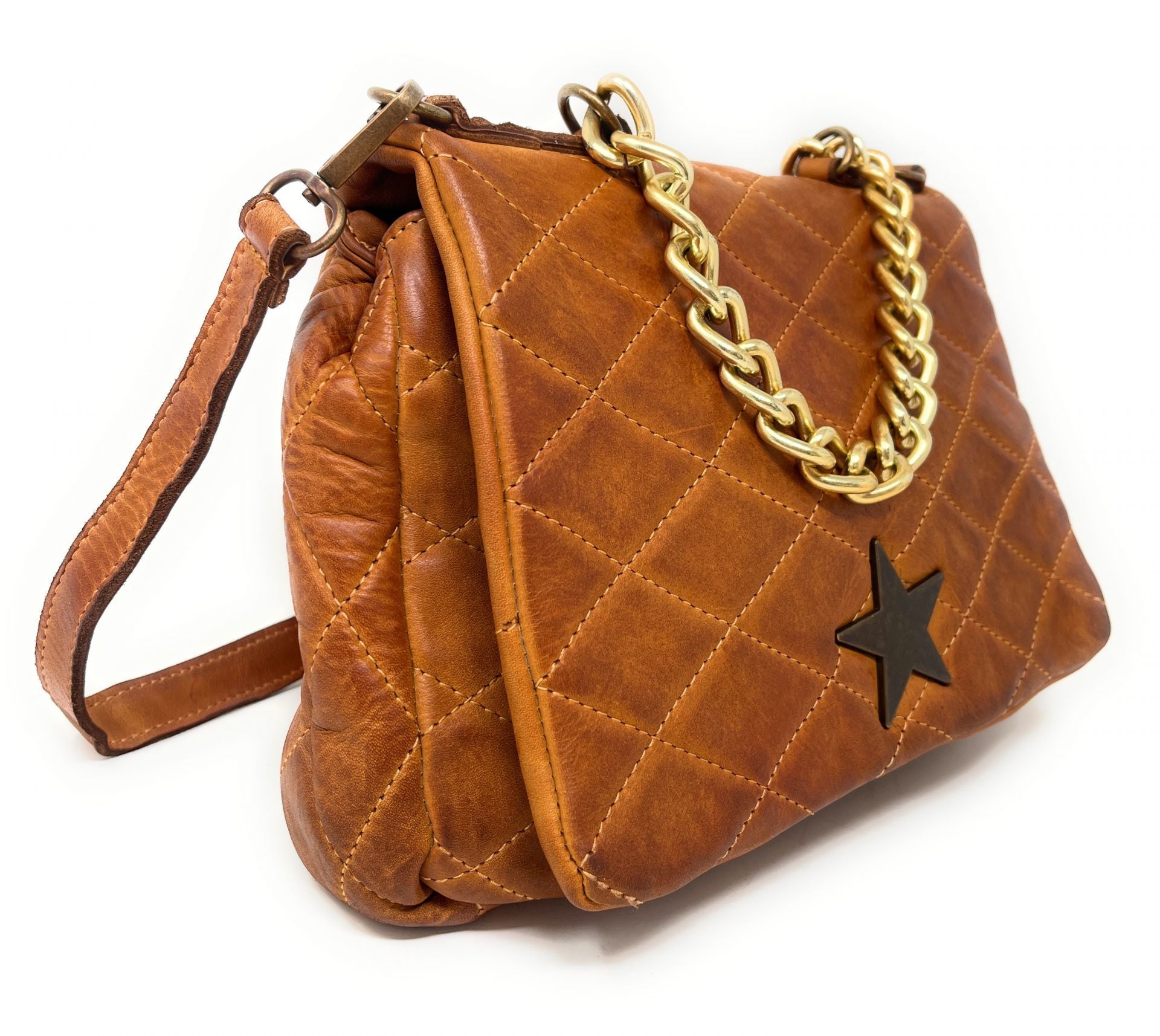 Sac à main en cuir vintage matelassé MISS ANGELINA Cognac