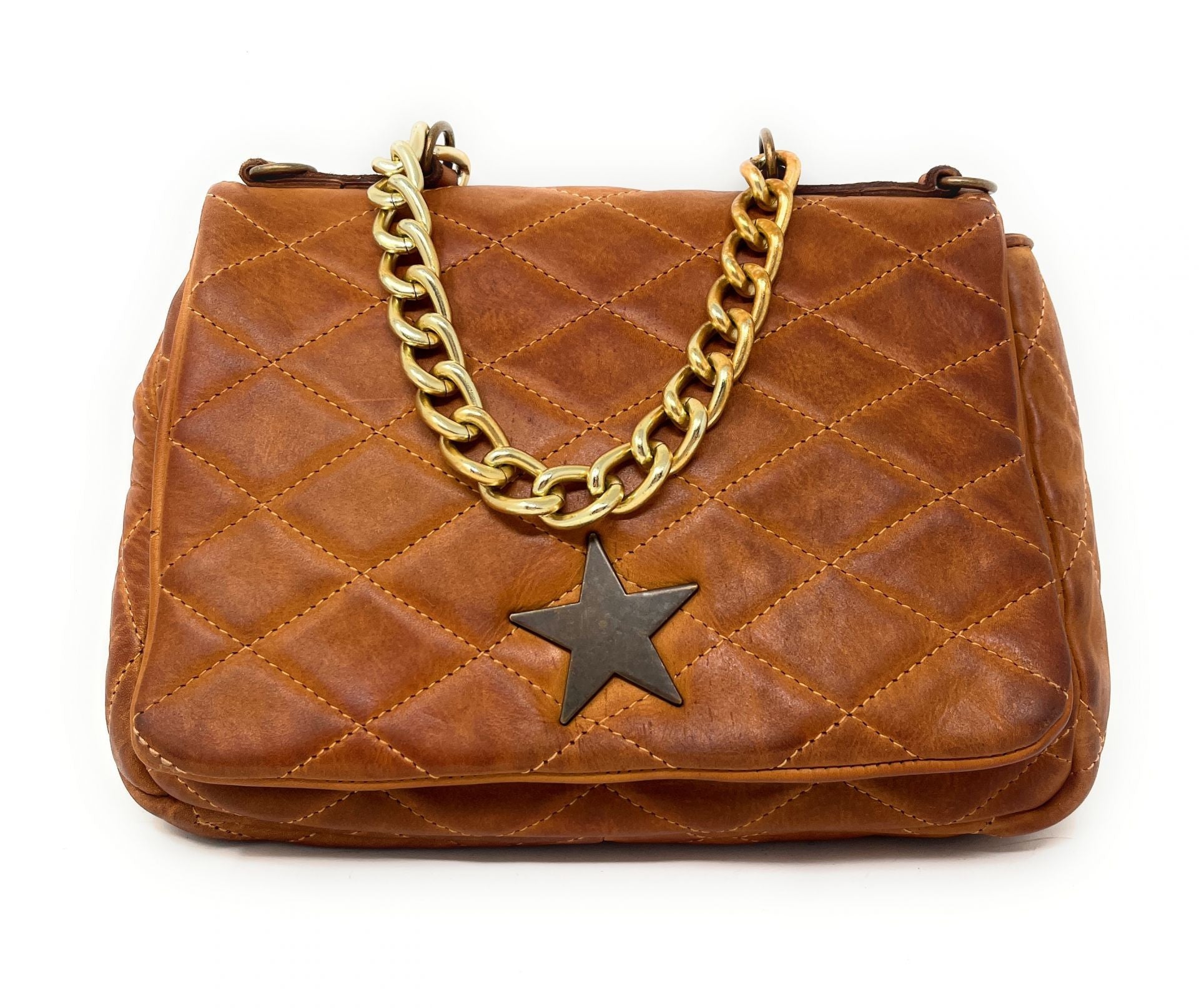 Sac à main en cuir vintage matelassé MISS ANGELINA Cognac