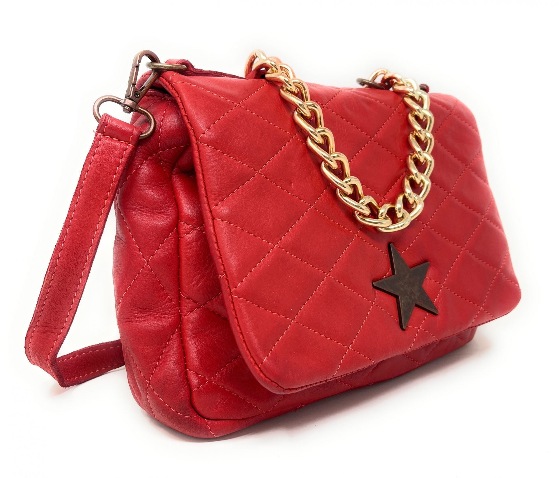 Sac à main en cuir vintage matelassé MISS ANGELINA Rouge garance