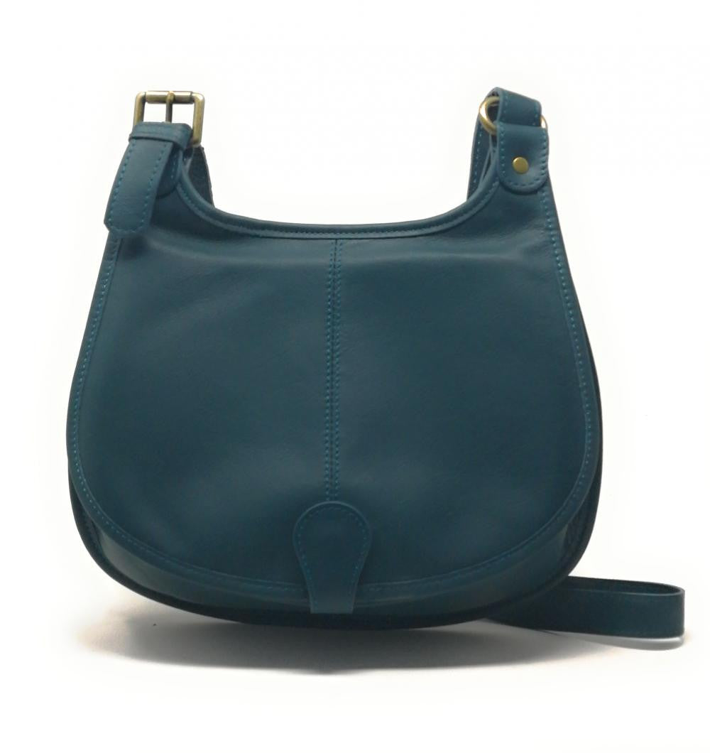 Sac besace cuir lisse CARTOUCHIERE Bleu vert canard