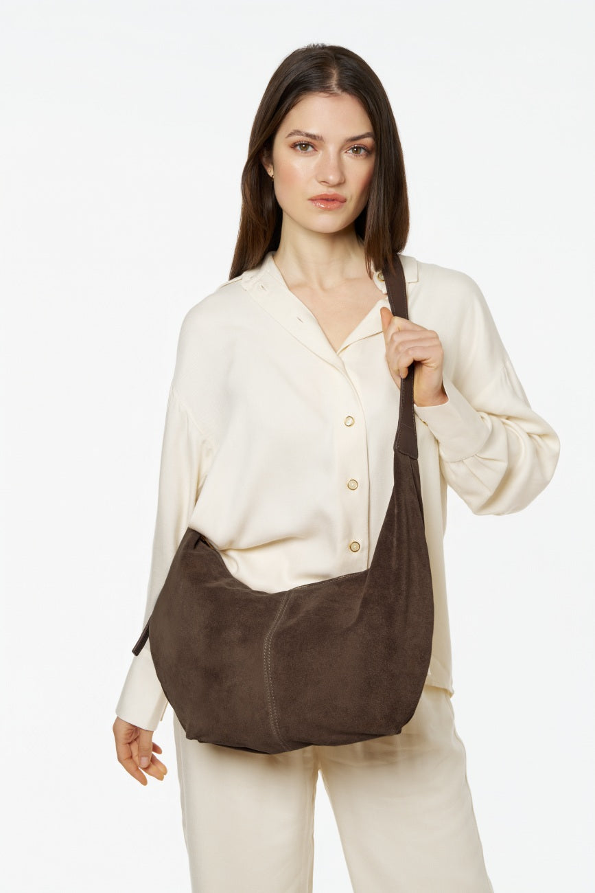 Besace demi-lune en daim HERMIONE Chocolat