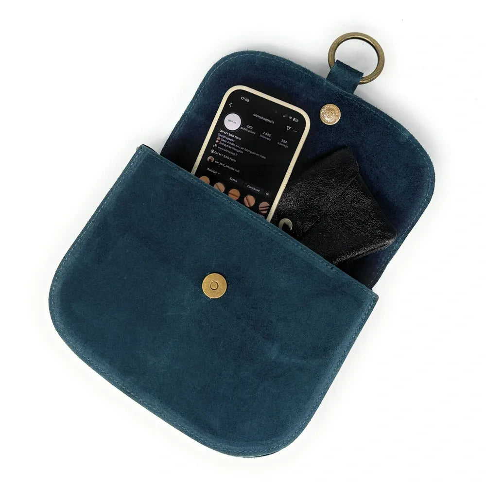 Sac besace en croûte de cuir VELVET Bleu vert canard