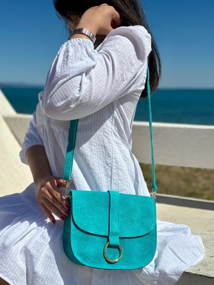 Sac besace en croûte de cuir VELVET Bleu turquoise